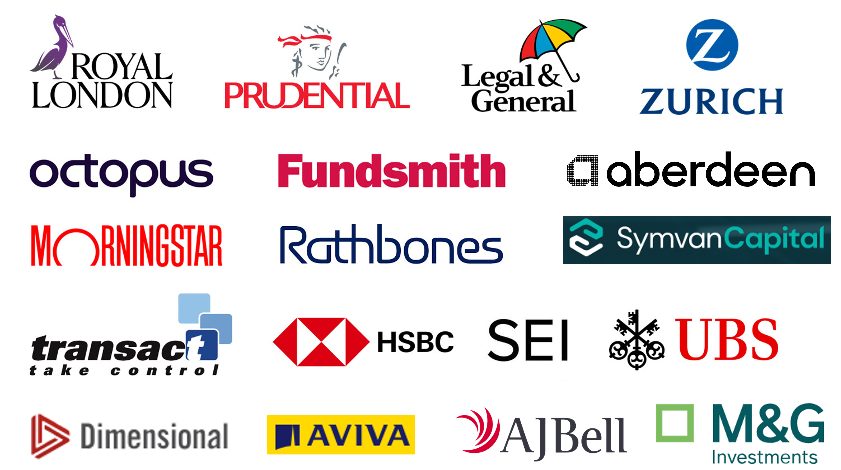 Rathbones, AJ Bell, Transact, HSBC, Company Logos, Royal London, SEI, UBS, Dimensional, Aviva, Symvan Capital, Prudential, Legal & General, Zurich, Octopus, Fundsmith, Aberdeen, Morningstar, Royal London